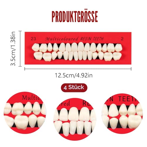 112 Stück Falsche Zähne Dental Komplette Acrylharz Zahnersatz, Acryl Harz Kunst Zähne, 4 Set Ganze Zähne Synthetische Polymer Zahnersatz Zahn, 23 Farbschatten A2 für Halloween Party Reparatur