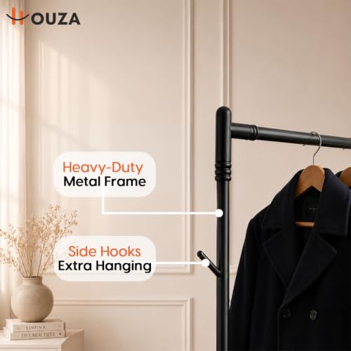 Image of HOUZA Heavy-Duty Garment Stand Cloth Rack with Bottom Storage Shelf & 4 Side Hooks | Freestanding Clothes Hanging Stand, Rack for Clothes Storage & Cloth Rack for Bedroom & Entryway (Black)