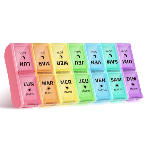 Opret Pilulier Semainier Français Matin et Soir, Petits Pilluliers Amovibles 7 Jours 14 Compartiments Pilulier Hebdomadaire 2 Fois - Multicolore