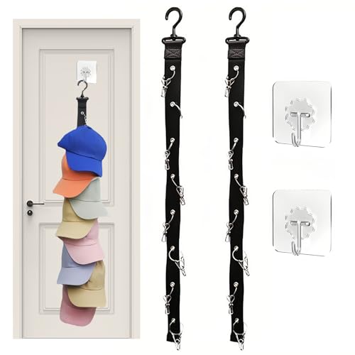 2 Stück Black Cap Holder, Cap Halterung Wand Kappenhalter für Baseballkappen with 8 Clips, Selbstklebende Hut Organizer with 2 Hooks Self Adhesive, Mützenhalter for Baseball Caps, Krawatten