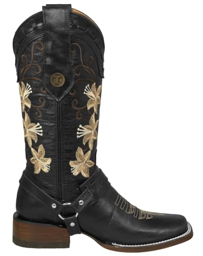Texas Legacy Womens Annie Black Western Boots Leather Floral Embroidery Boot Straps2