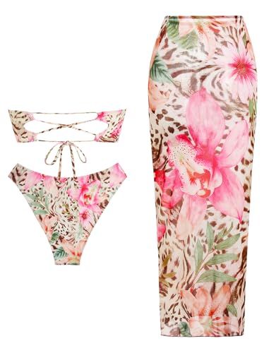 Image of ZAFUL Womens 3pcs Bikini Swimsuits Bandeau 3 Piece Swimwear High Cut Bikini Sets with Long Sheer Coverup Dress