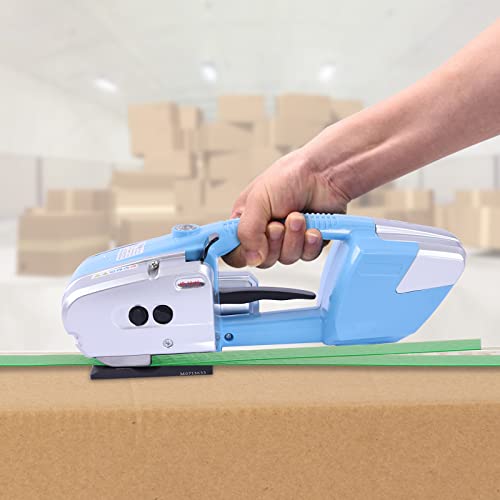 Electric Strapping Machine for 1/2-5/8 Inch Wide Plastic/PP Belts, Automatic Strapping Tool Tensioner and Cutter 3 in 1 for Box Pallet with 3000mAh Battery, Blue
