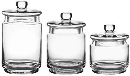 WHOLE HOUSEWARES Glass Apothecary Jars with Lids - Set of 3 for Bathroom Storage, Qtip & Cotton Swab Holder, Laundry Room & Makeup Desk Organization