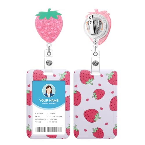 Soleebee ID Badge Holder with Retractable Reel, Cute Shiny Strawberries Acrylic Badge Reel with Card Holder, Badge Clip with 360° Swivel Alligator Clip for Nurse Student Teacher Office Staff