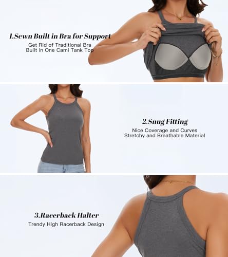 Image of Womens Racerback Ribbed Tank Top Camisole with Built in Bra Sport Yoga Top | Ribbed Top with Built in Bra,Not Removable,Slim Fitted,Halter Top Shirt,Sleeveless High Neck,Racerback,Sports Run Yoga Travel