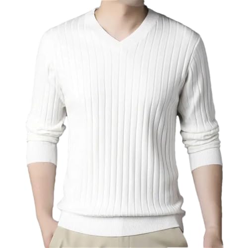 Men V-Neck Solid Color Vertical Stripes Casual Sweater Slim Long Sleeve Knitted Pullovers Top