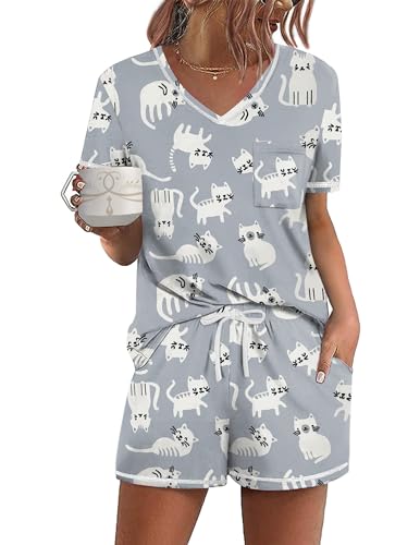 Ekouaer Womens Pajamas Sets Short Sleeve Lounge Sets Sleepwear Casual Two Piece Pjs With Pockets Cat L