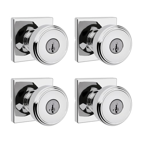 Image of Kwikset Maven Entry Door Knob with Lock and Key, Secure Keyed Handle Exterior, Front Entrance and Bedroom, Polished Chrome, 4 Pack, Pick Resistant SmartKey Rekey Security
