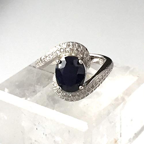 Sz 6, Genuine Deep Dark Blue SAPPHIRE and WHITE TOPAZ Gemstones, 925 Sterling Silver, Engagement, Solitaire Ring Jewelry.2