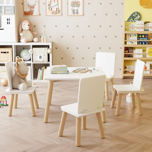 Image of Kids Table and Chairs Set, 5 Pieces Toddler Table and Chair Set, Kids' Table & 4 Chair Sets, Kid Play Table for Daycare, Classroom, Home (White)
