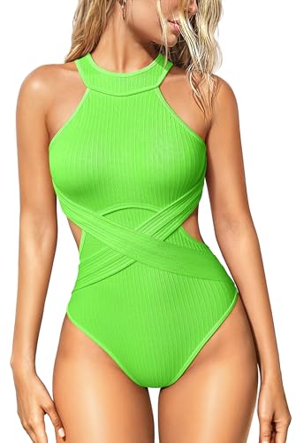 Image of OQQ Women's One Piece Swimsuits Tummy Control High Waisted Cross Bathing Suit Wrap Tie Back 1 Piece Swimwear
