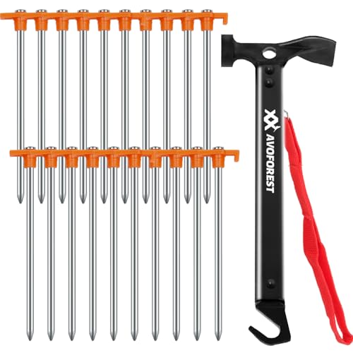 20 Pcs Tent Stakes with Camping Hammers,Avoforest 7.1 Inch Non-Rust Metal Tent Pegs + Portable Tent Stakes Hammers Ground Stakes and Tent Accessories Camping with Storage Bag,Garden,Hiking