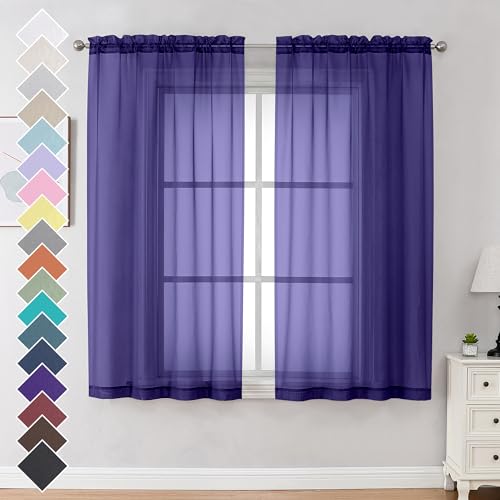 Image of OVZME Purple Sheer Curtains 63 inch Length 2 Panels Set for Farmhouse /Kitchen Room, Elegant Light Filtering Voile Window Treatments, Each is 42W x 63L Inches, Purple