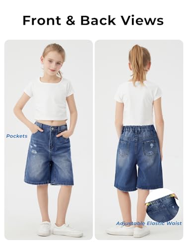 Image of Girls Shorts Elastic Waist Jorts Denim Jean Shorts Ripped Knee Length Bermuda Shorts for Kids Teen Girls Summer