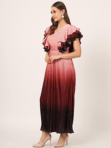 Image of BEATNIK Satin Ruffled Sleeves Self Peach Puff Women Dresses