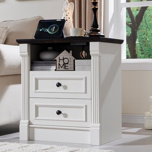 Image of 26 inch Tall 2 Drawers Dresser for Bedroom, Farmhouse 23.6 inch Wide Large Nightstand with Charging Station, Wood Rustic Side Table w /Roman Column, End Table for Bedroom, Living Room, White