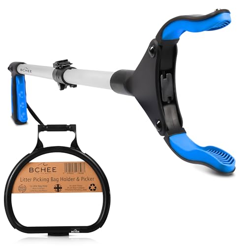 BCHEE UK Litter Picking Beach Clean Kit | 1x Strong 81cm/36 Foldable Litter Picker I 1x Litter Picking Bag Holder Hoop Made In Britain From 100% Recycled Plastic | UK Business | Multi-buy Discounts