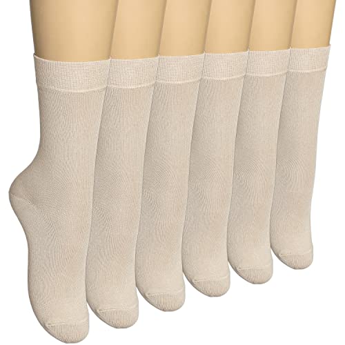 Women's 6 Pack Thin Rayon Dress Socks- Casual Color Crew Socks, Comfort Seam (Beige (6 Pack), 9-12)
