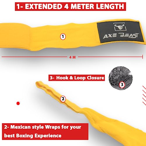 Axe Beast Boxing Hand Wraps For Kickboxing, Muay Thai, Mma, Punching Bag Training, Bandage Gloves 180” Long, Hook And Loop Closure To Support Wrist, Mexican Style, Men Women (Yellow) #TOP5
