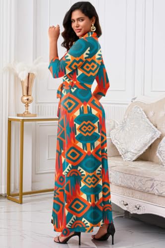 Image of Runwind Women Church Maxi Dresses 3 /4 Sleeve Button Down Print Casual Office Dress African