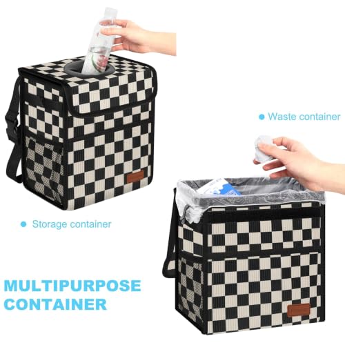 Image of Femuar Leak Proof Car Trash Can with Lid, Collapsible Hanging Waterproof Car Trash Bag with Mesh Pocket for SUV Front Seat Headrest, Large /Black White Plaid