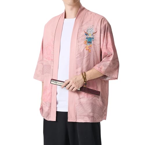 Image of PRIJOUHE Men's Japanese Kimono Cardigan Jackets Casual Long Sleeve Open Front Coat Lightweight Yukata Outwear