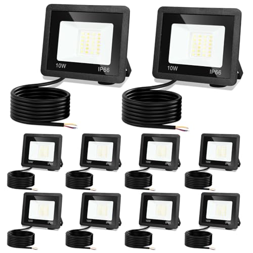 Jiubiaz LED Strahler Außen 10W, 3000K/4000K/6500K LED-Strahler Dimmbar, Superhell Fluter Flutlichtstrahler, IP66 Wasserdicht Scheinwerfer Aussenstrahler für Hof, Garten, Garage(10 Stück)