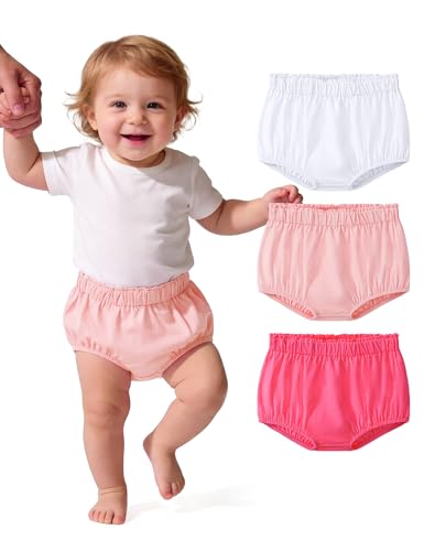 WRYGRTA 3 Pack Baby Bloomers for Girls Diaper Covers Shorts Elastic Soft Clothes White/Light Pink/Plum 12-18M