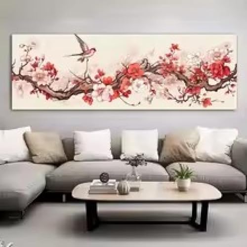 Affiches murales chinoises oiseaux et fleurs sur toile avec cadre 40x120cm pour chambre