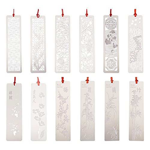 PandaHall Lot de 12 marque-pages rectangulaires en métal creux 12 styles en acier inoxydable filigrane sculpté avec pompons pour la lecture des enfants, étudiants, amis Cover