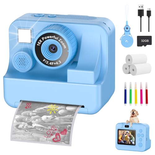 Cámara instantánea para niños con selfie1080p, cámara instantánea con tarjeta de 32 GB y 3 rollos de papel de impresión, cámara para niños, juguetes para niños y niñas de 3 a 12 años