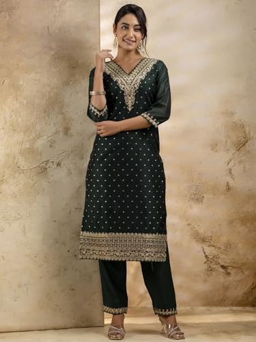 Image of VredeVogel Women's Chanderi Silk Embroidered Kurta with Pant & Organza Dupatta Set | Casual Outfit Ethnic Kurta Set for Women | Modern & Traditional Blend Ethnic Wear
