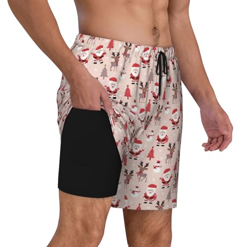 Men's Cute Christmas Holidays Print Quick-Dry Mesh Swim Trunks Stretch Lining Beach Shorts Surfing Summer Vacations Black