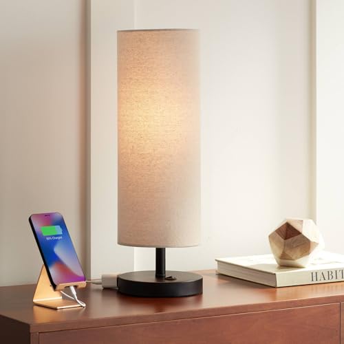 360 Lighting Heyburn 20" High Modern Accent Hotel Style Table Lamp with USB Charging Ports A+C and AC Power Outlet in Base Dark Bronze Oatmeal Cylinder Shade for Living Room Desk Bedroom House