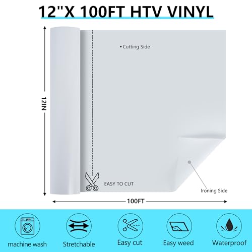 Image of HTVVETUR White Iron on Vinyl Roll 12 inch x 100ft, HTV Heat Transfer Vinyl, Easy Cut Weed Vinyl for DIY T-Shirt Crafts & Cutting Machines (White, 100ft)