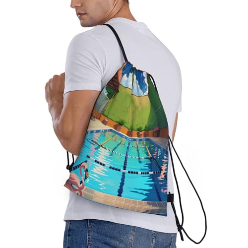 Small Drawstring Bag - Sport Flamingo and swimming pool Print Sackpack for Yoga, Dance, Travel, Hiking - Lightweight Storage3
