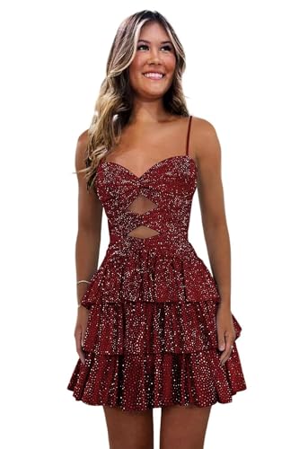 Sequin Homecoming Dresses for Teens Spaghetti Straps Sparkly Tiered Evening Formal Party Dress LA227