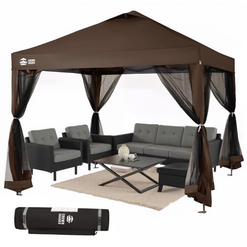 CROWN SHADES Gazebo 10x10, Pop Up Gazebo with Mosquito Netting, Screen Tent with 4 Ropes, 8 Stakes, 4 Sandbags and Wheeled Storage Bag, Canopy for Patio & Backyard, Coffee