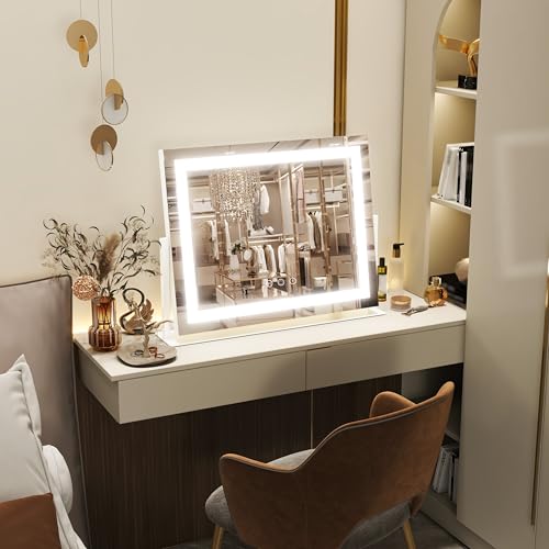 FENNIO Vanity Mirror with Lights 22''x18'' Makeup Mirror with Lights,Lighted Makeup Mirror with 10X Magnification and USB,Smart Touch Screen with 3-Color Lighting,Dimmable(Square White)