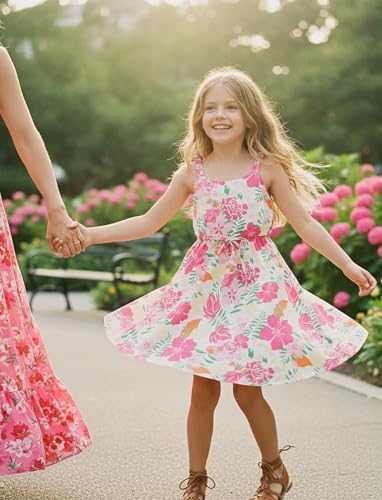 Image of PATPAT Girls Summer Dress Hawaiian Floral Beach Tropical Sundress 2-7 Years | Midi Spaghetti Strap Dress with Lining