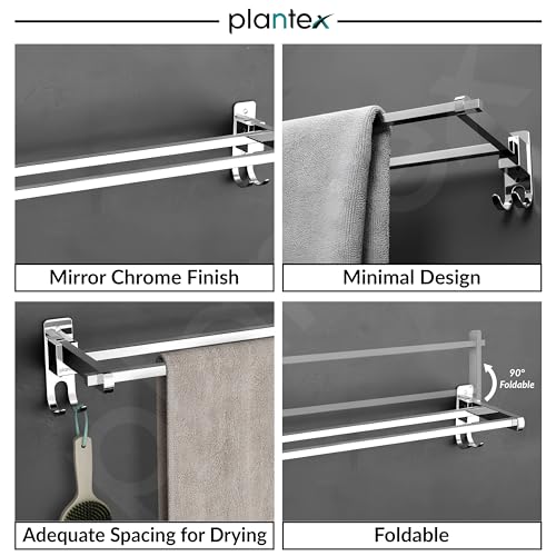 Image of Plantex Stainless Steel Foldable Towel Rack for Bathroom /Towel Hanger with Hooks /Towel Holder /Stand /Bathroom Accessories - 24 Inch (Chrome Finish)