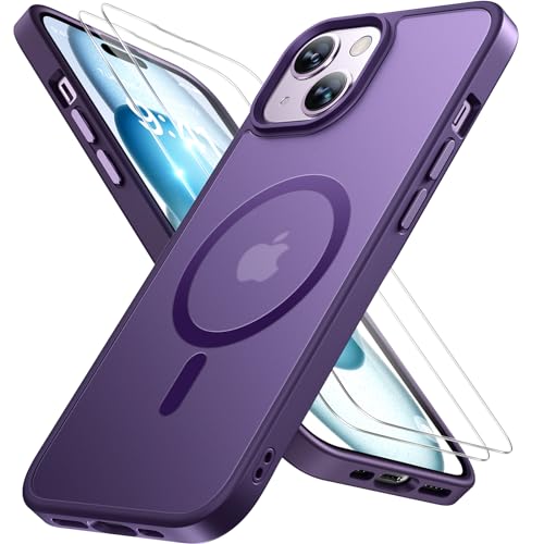 Image of Miracase Magnetic for iPhone 15 Case (Compatible with MagSafe)(with 2X Screen Protectors) Military-Grade Protection, Anti-Fingerprint Translucent Matte Phone Cover for iPhone 15 6.1 inch, Dark Purple