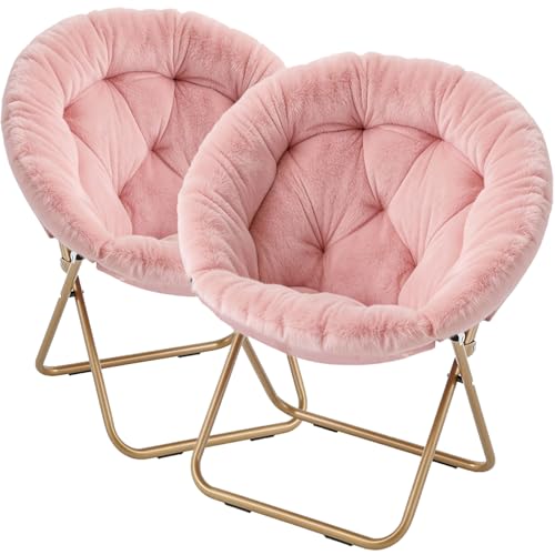 Magshion Saucer Chair for Adults, Comfy Living Room Lounge Chair for Bedroom Corner, Dorm, Apartment, Faux Fur Fluffy Circle Accent Seat with Thick Padded & Folding Metal Frame (Pink, Set of 2)