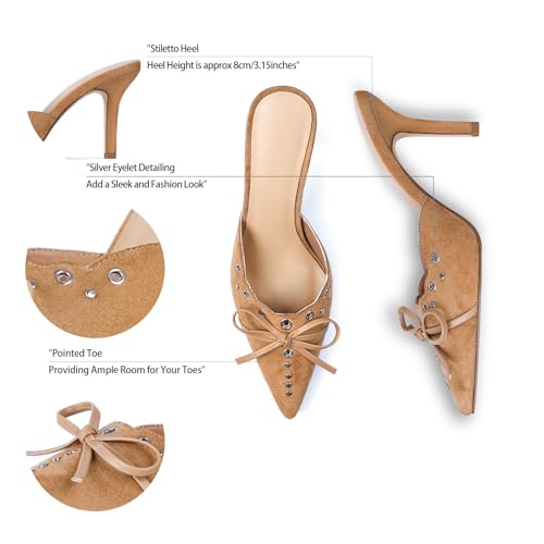 Image of DOEYG Women Pointed Toe Bow Heels Mules Slip on Stiletto Heels Sandals Dress Party Wedding Studded Heels Pumps
