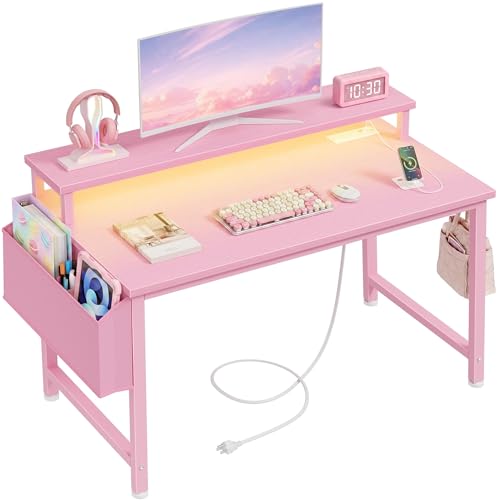 Image of Lufeiya Small Girls Desk with Power Outlets and LED Lights, 32 Inch Gaming Desk Table with Charging Station, Home Office Computer Desks with Monitor, Pink