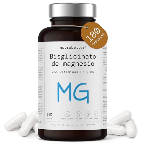 Magnesio Bisglicinato | 300 mg de Magnesio Elemental por dosis diaria | 180 Cápsulas Veganas | + Vitaminas B5 y B6 | Reduce Cansancio, Fatiga y Estrés | nutrabetter®