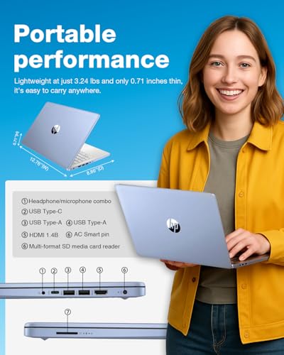Image of HP 2025 Laptop for Business & Student - Windows 11 Pro & Microsoft Office Lifetime | 14 inch HD | Intel Quad-core CPU | 16GB RAM, 128GB UFS, 256GB Micro SD | Sleek Design Light Computer | Sky Blue