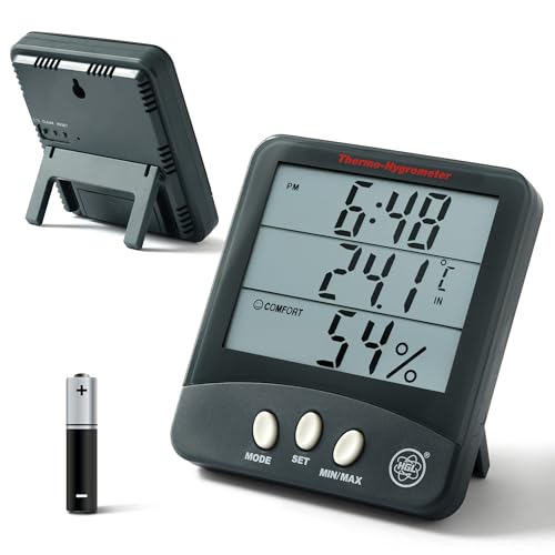 HGL-100 Thermometer & Hygrometer mit großer LCD Anzeige, Luftfeuchtigkeit Messgerät und Temperatur Messgerät für Raumklima mit Uhrzeit, Wecker und...