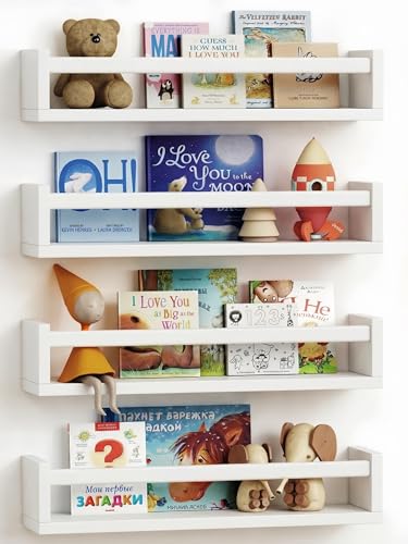 Image of Forbena Floating Nursery Book Shelves for Wall Set of 4, Wall Bookshelf for Kids Room, White Wood Hanging Bookshelves Book Shelf for Baby Toddler Childrens Boy Girl Bedoom Toy and Decor Storage